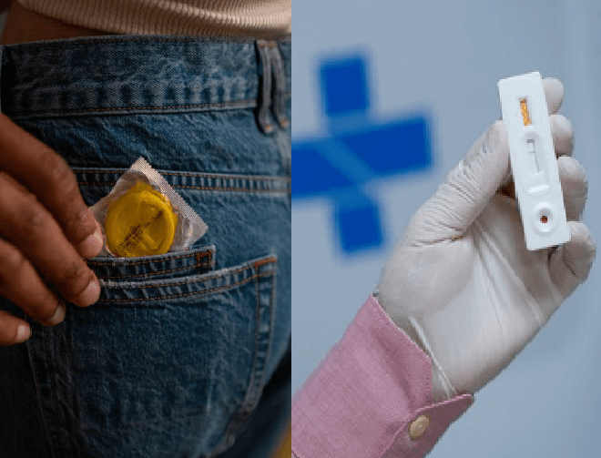 Preservativos, gel lubrificante e autoteste de HIV sendo distribuídos durante o Carnaval em Florianópolis