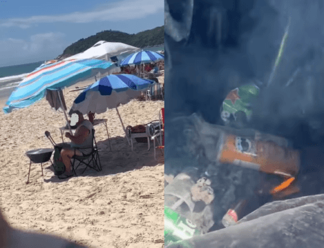 Turista realizando churrasco na areia da praia