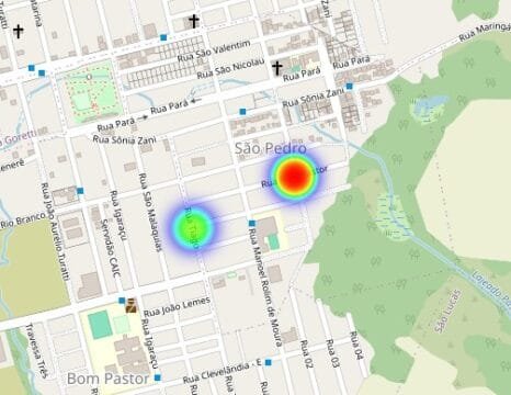 Mapa mostrando regiões com maior incidência de Dengue em Chapecó