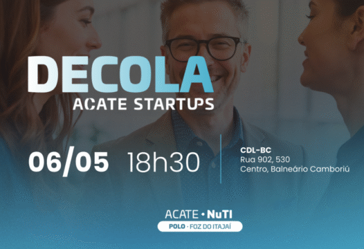 Banner promocional do evento Decola ACATE Startups em Balneário Camboriú