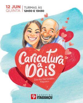 Casal participando da Caricatura a Dois no Shopping Itaguaçu