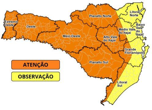 Alerta da Defesa Civil de SC sobre temporais em Santa Catarina