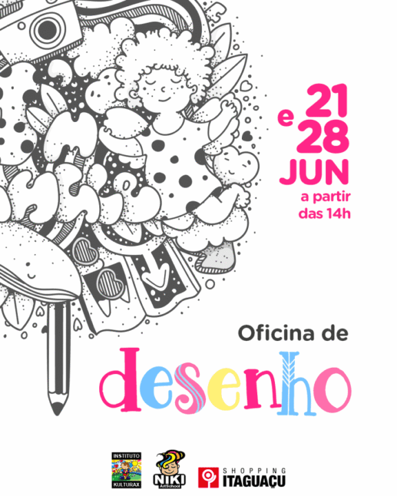 Crianças desenhando durante a Oficina de Desenho