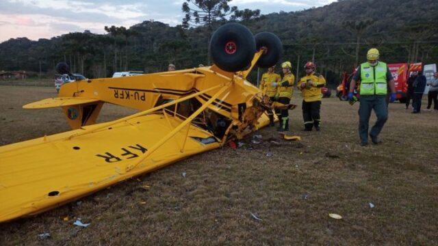 Equipe de resgate do CBMSC atendendo a ocorrência do acidente aéreo em Bom Retiro