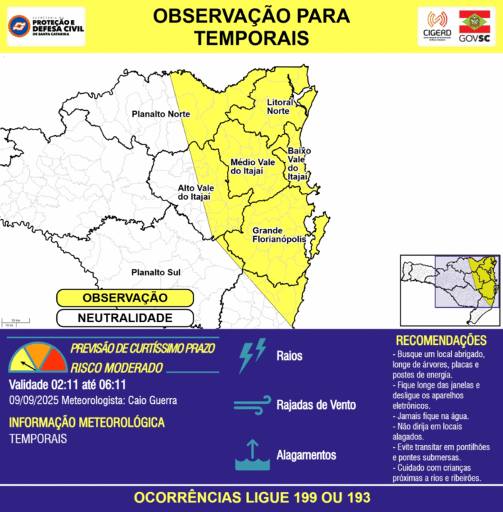 Alerta de temporais com raios, rajadas de vento e alagamentos em Santa Catarina