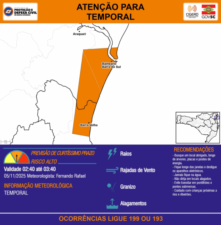 Temporal com Raios, Rajadas de Vento, Granizo e Alagamentos