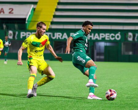 Jogadores comemorando gol em partida entre Chapecoense e Brusque